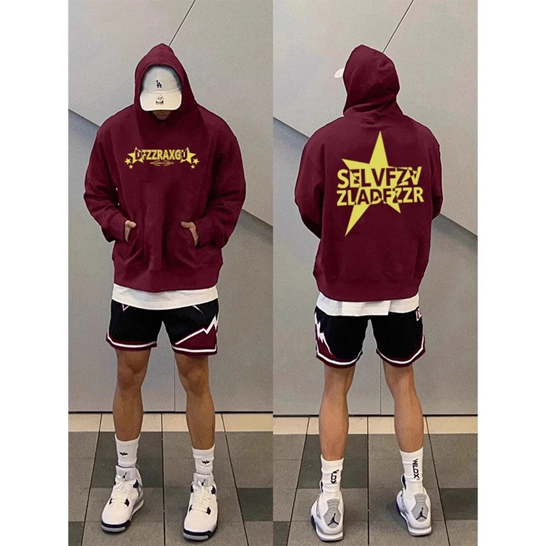 美式vintage设计感重磅加绒连帽卫衣男秋冬街头潮牌宽松长袖外套