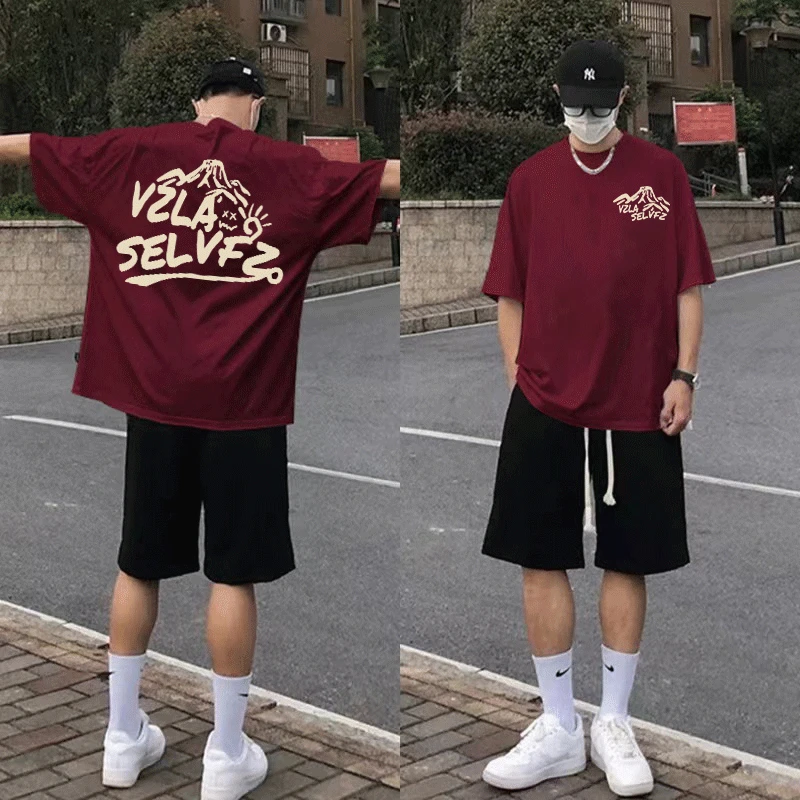 hiphop美式高街嘻哈重磅纯棉短袖t恤男款夏季潮牌酒红色半袖上衣