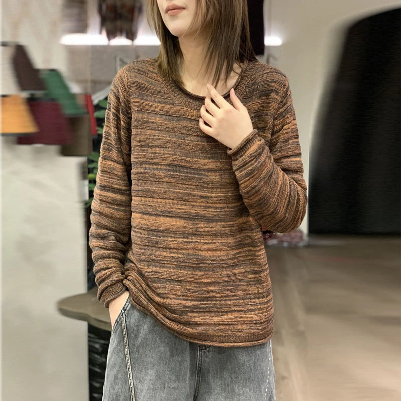 2025早春新款女士毛衣混色圆领套头时尚百搭宽松休闲长袖针织衫