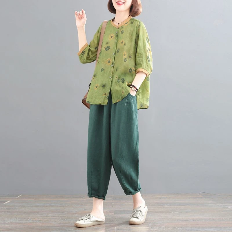 中老年女装妈妈装2025夏装新款衬衫短袖上衣中年棉麻两件套装洋5