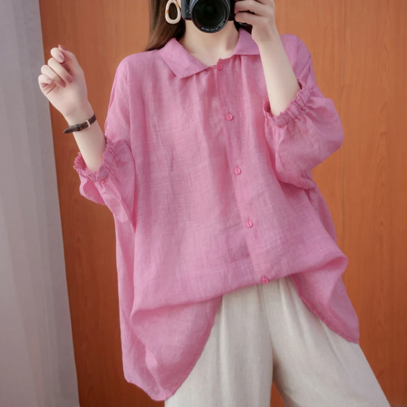 加大码蝙蝠袖棉麻衬衫女宽松娃娃衫2025夏季文艺七分袖料薄款上衣