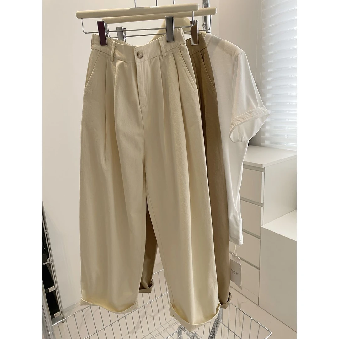 复古松紧腰工装阔腿裤女2025百搭新款宽松显瘦高腰直筒九分裤子潮