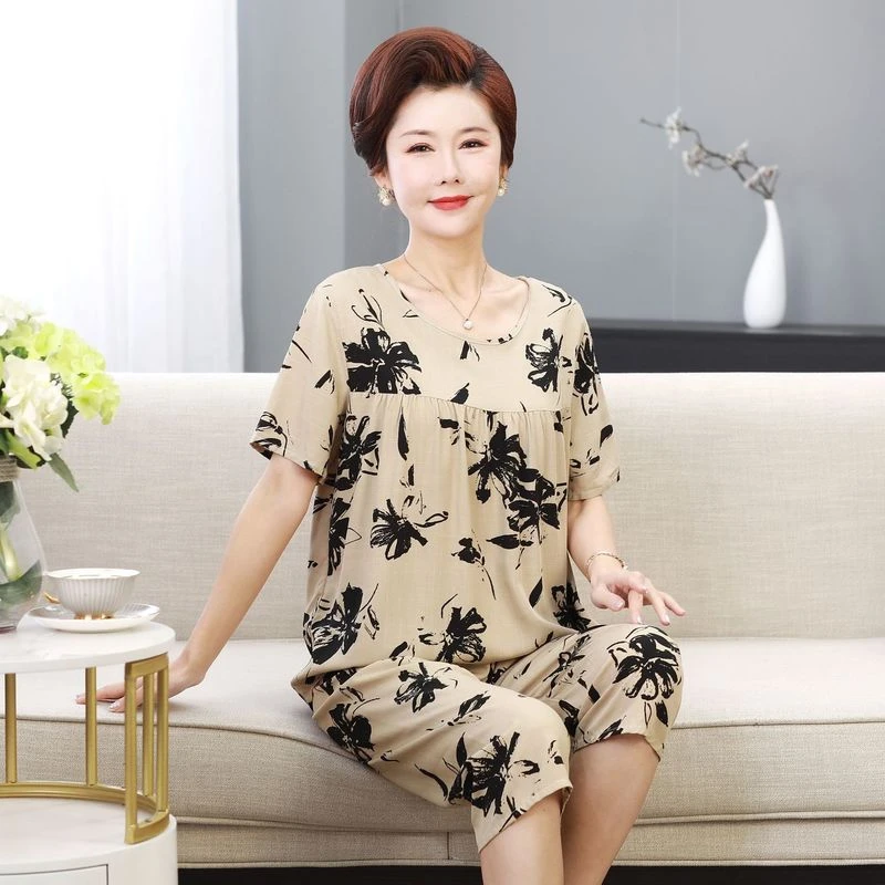 妈妈装夏季中老年女装奶奶套装薄老年人家居服衣服两件套短袖裤子