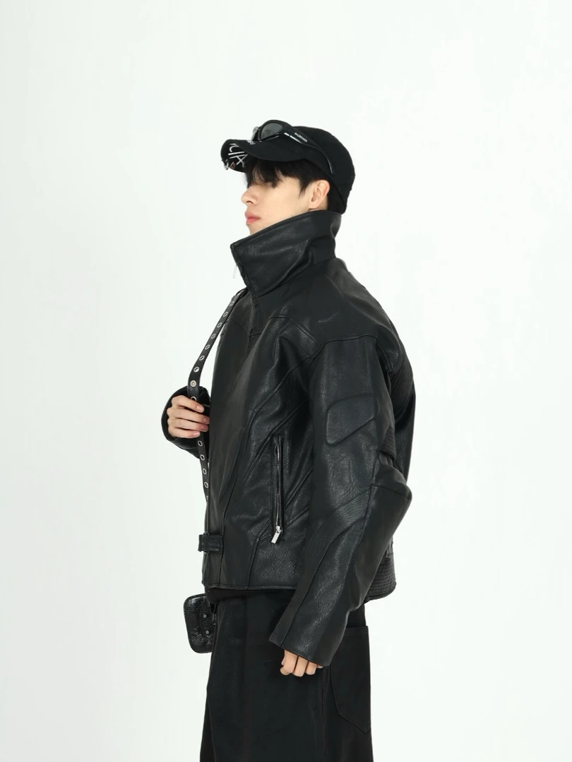 [Nadlle Studio]巴黎骨骼 立体裁剪立领结构拉链垫肩机车夹克皮衣