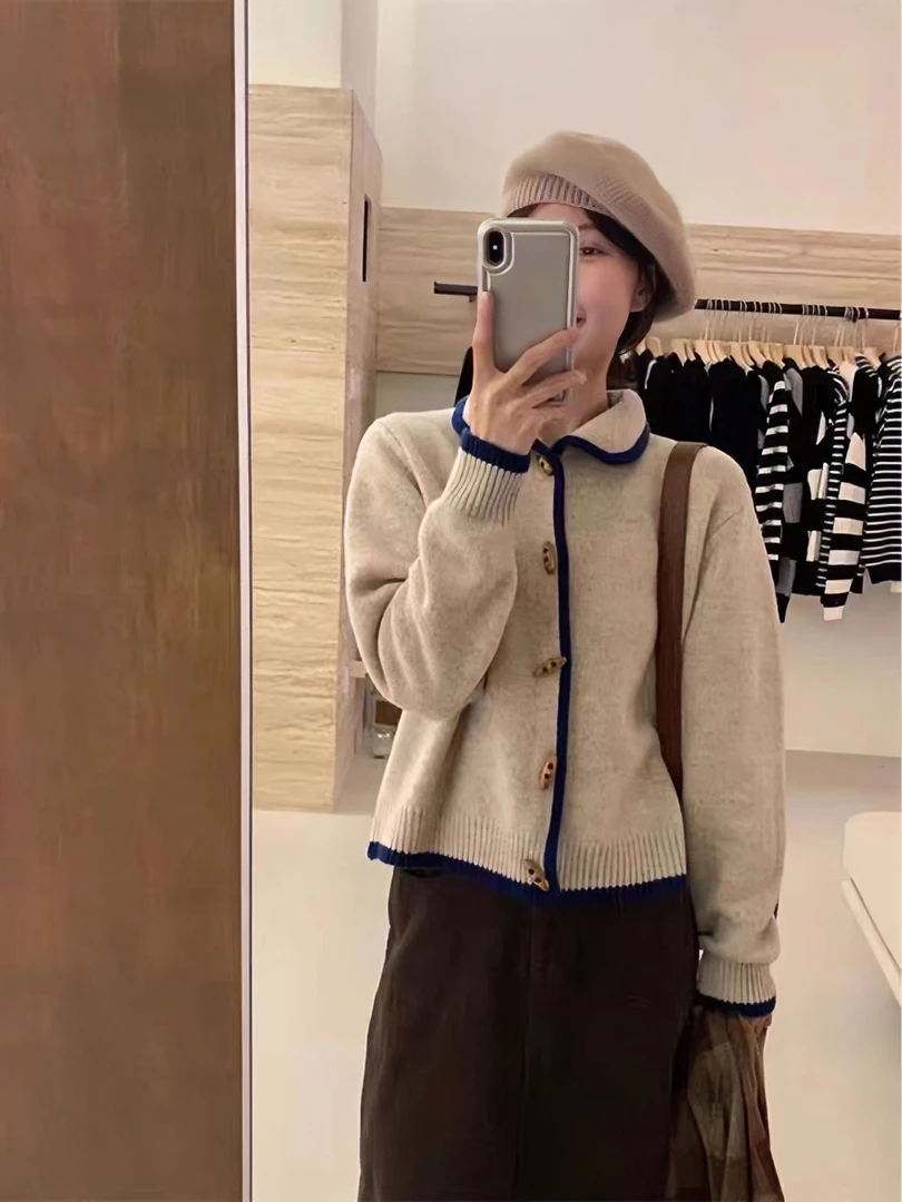 韩系秋冬翻领牛角扣复古休闲百搭羊毛开衫