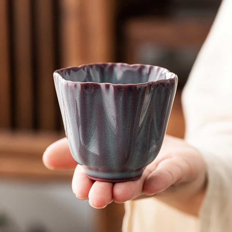 郑旭东三公紫樱花杯青瓷茶杯茶具家用创意陶瓷品茗杯主人杯手工