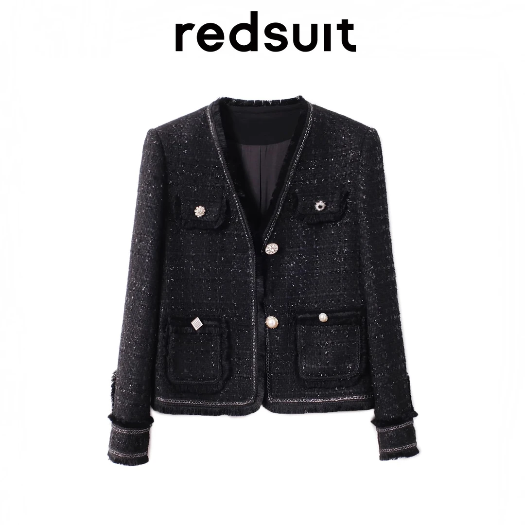 REDSUIT高端气质名媛黑色亮丝小香风短款外套粗花呢编织时尚上衣