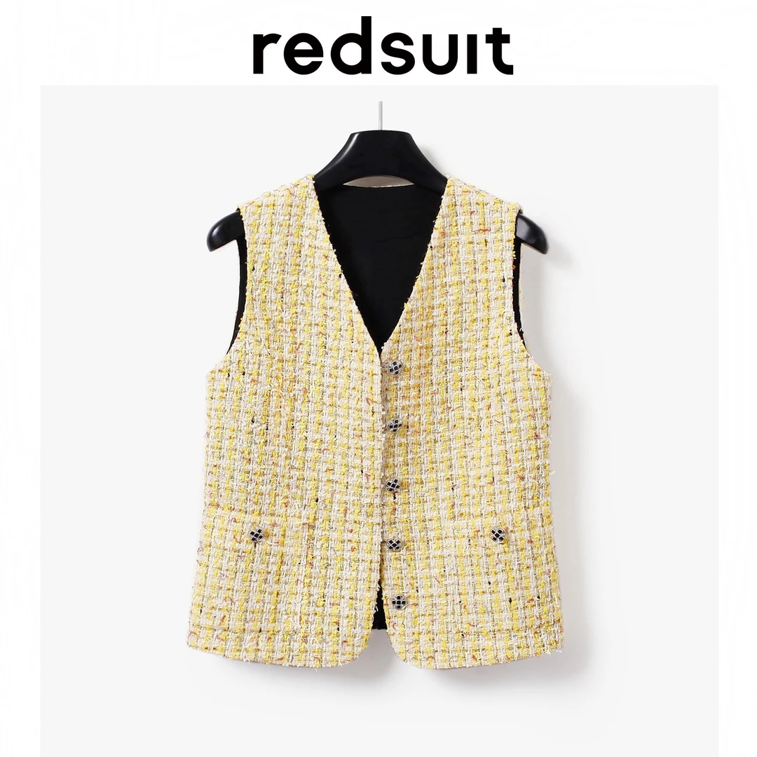 redsuit通勤百搭重工编织小香风无袖背心马甲格纹新型气质马甲