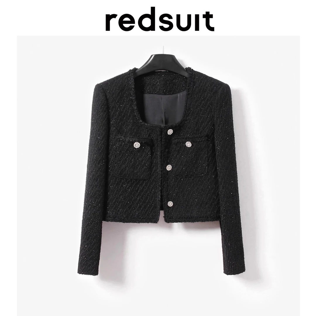 REDSUIT时髦Ins流行U领轻奢亮丝小香风黑色长袖外套气质显瘦上衣
