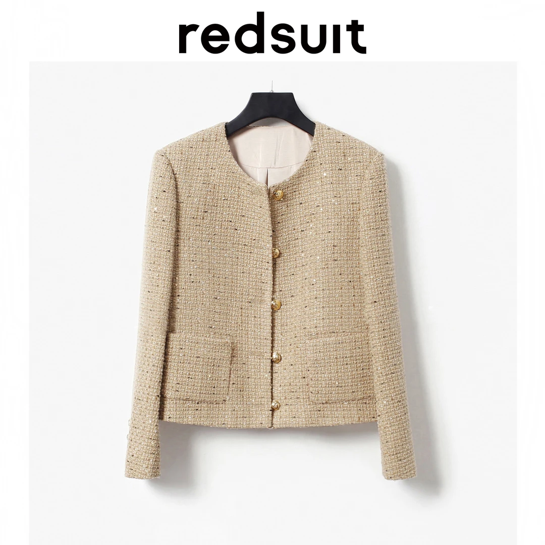 REDSUIT高端奢华小众百搭浅棕色上衣金属扣圆领典雅小香风外套