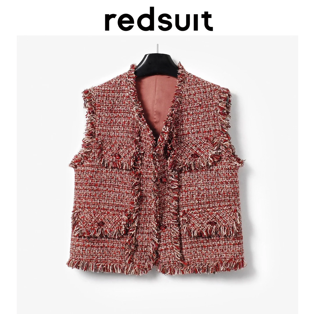 Redsuit复古高级感红蕊色花呢编织小香风马夹圆领流苏小香风马甲