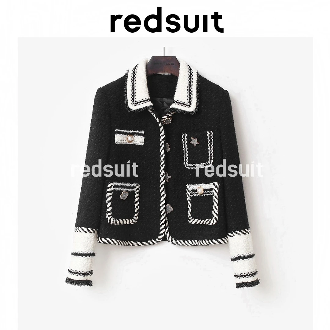 REDSUIT气质时尚黑白编织上衣羊毛粗花呢小众撞色设计小香风外套