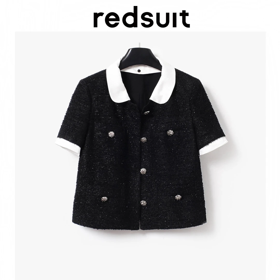 REDSUIT闪闪千金拼色可拆卸娃娃领小香风百搭黑色显瘦短袖上衣