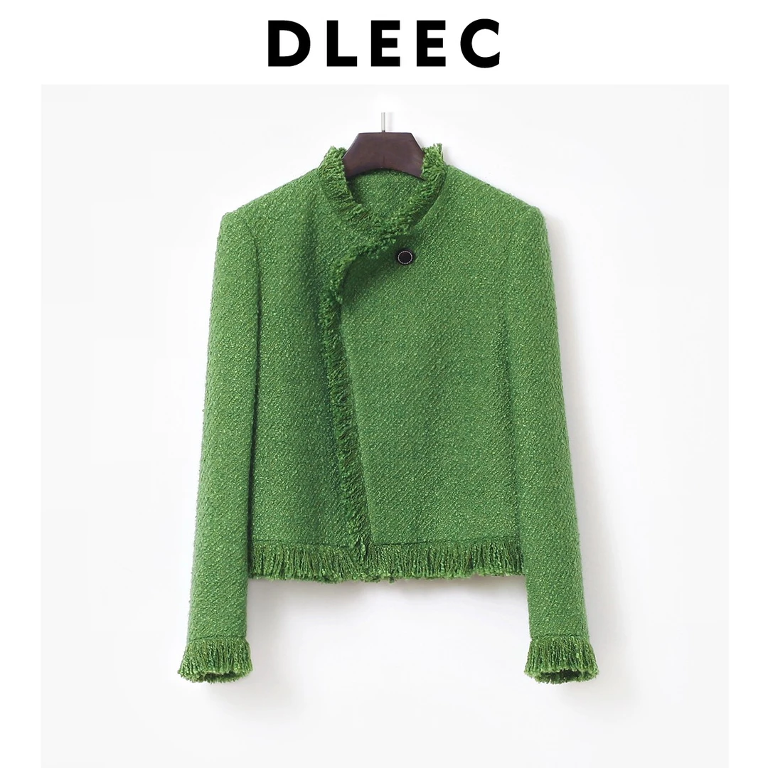 DLEEC出众设计感 复古洋气绿色翻领小香风外套粗花呢羊毛编织上衣