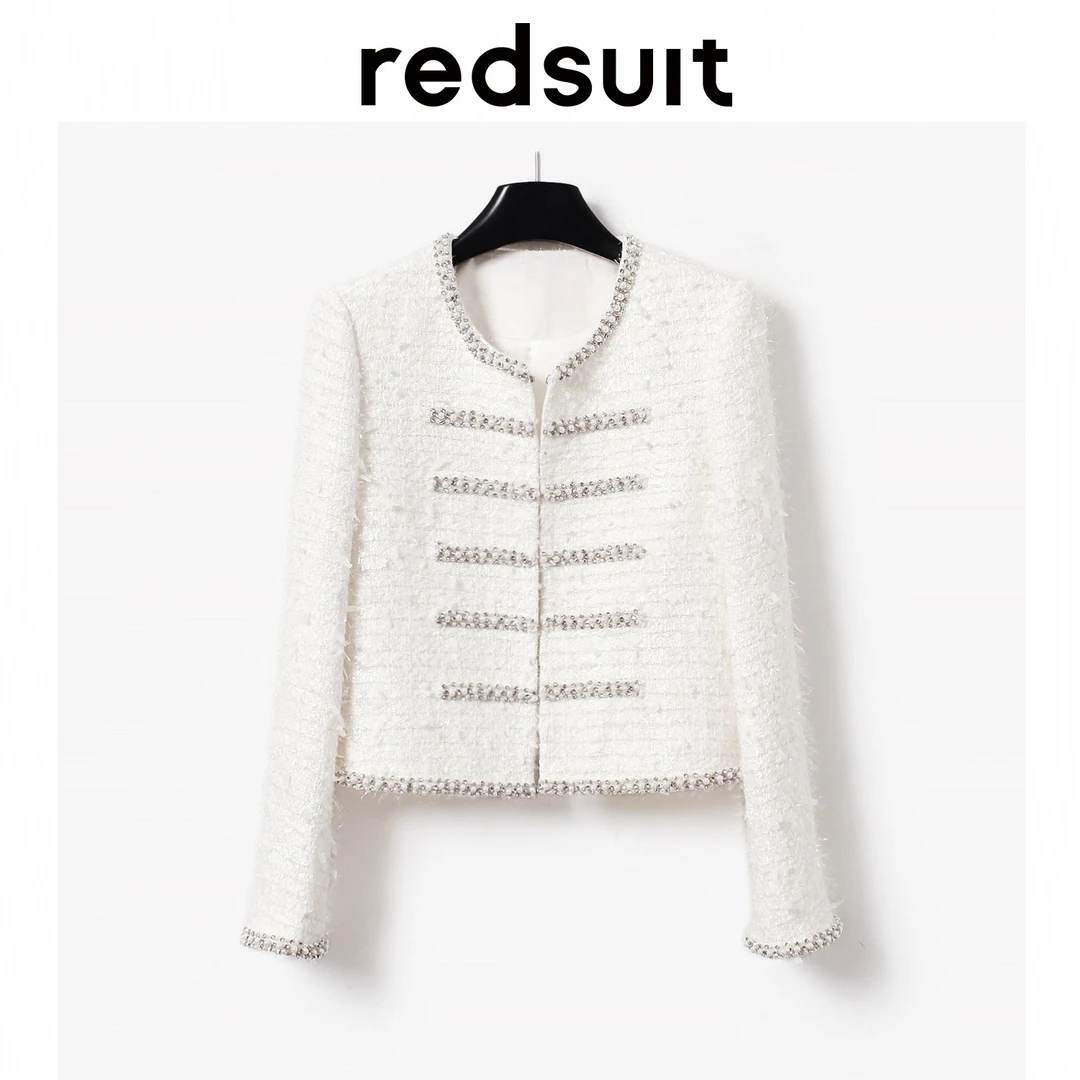 REDSUIT高品质手工水钻钉珠新中式小香风外套精致减龄白色上衣女