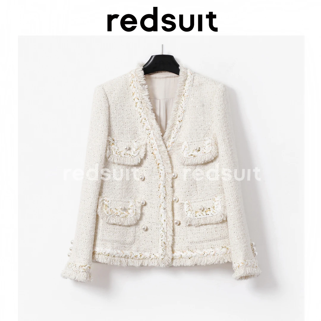 REDSUIT法式气质名媛V领金丝米色上衣时尚流苏小香风轻奢外套春季