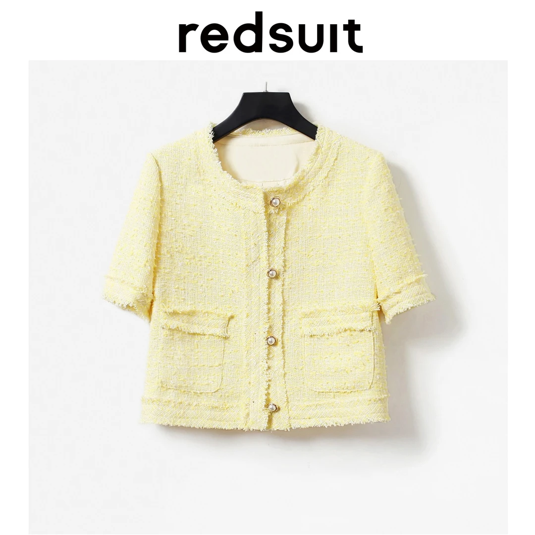redsuit轻奢夏季气质显白粗花呢黄色春夏薄款上衣百搭短款外套
