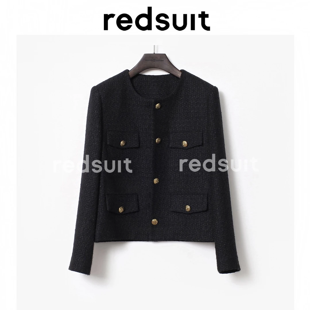 REDSUIT明星同款!黑色圆领百搭名媛羊毛香风花呢外套显瘦法式上衣