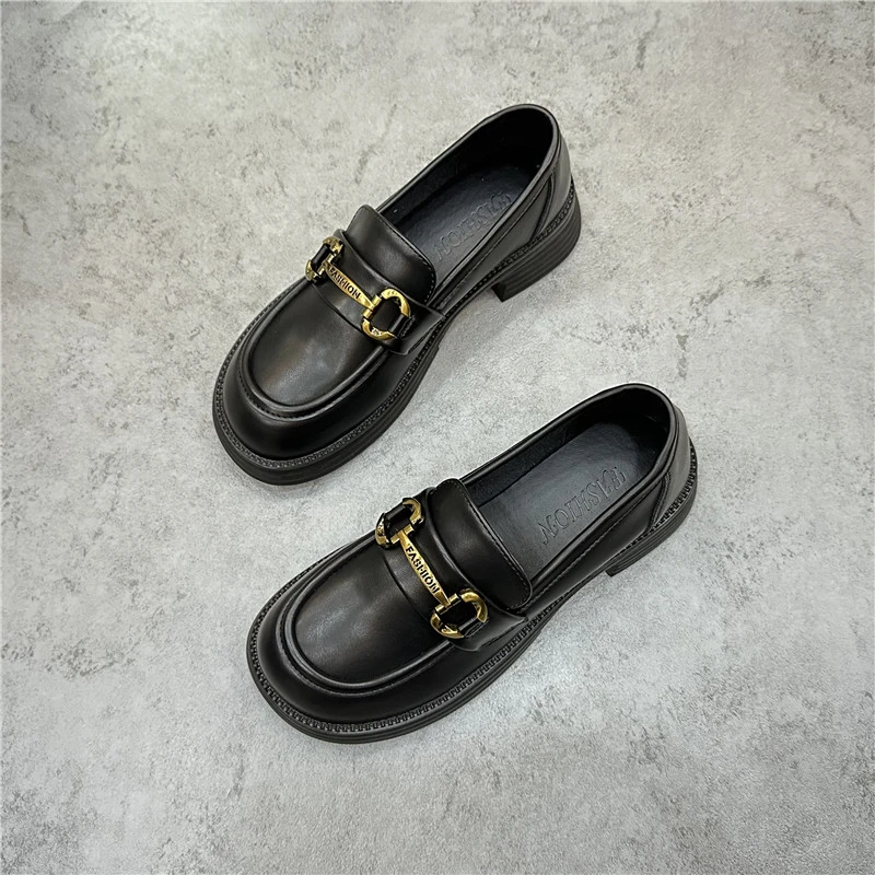 2024春秋新款英伦风小皮鞋软底软面粗跟乐福鞋女低跟黑色经典通勤