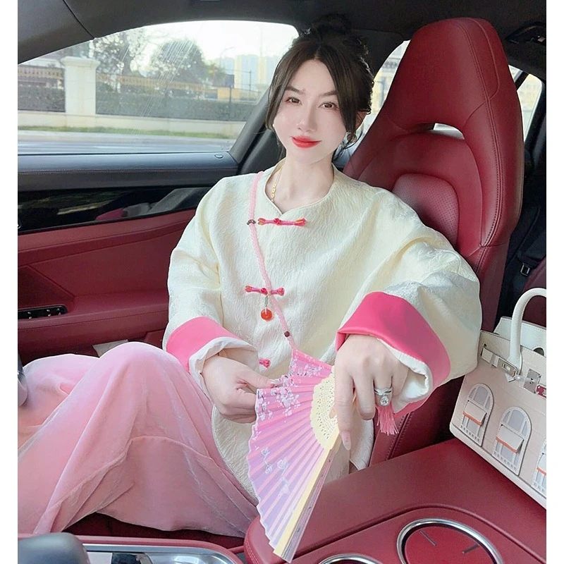 2024年春秋新款提花新中式国风盘扣外套女宽松百搭复古无领上衣女