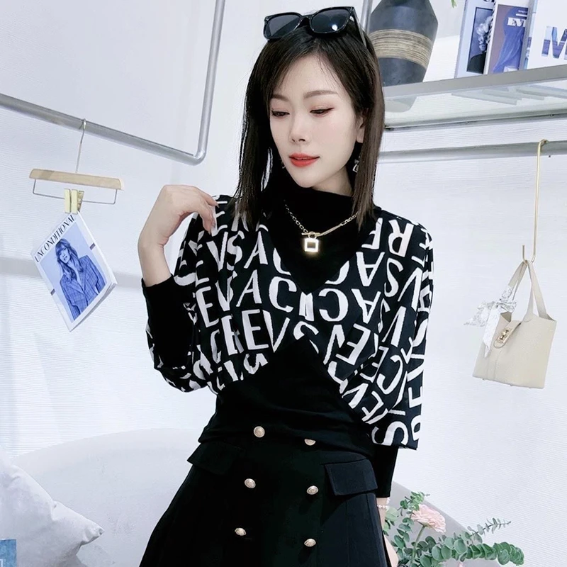 时尚设计感重工亮片韩版百搭半高领假两件长袖T恤女秋季新款上衣