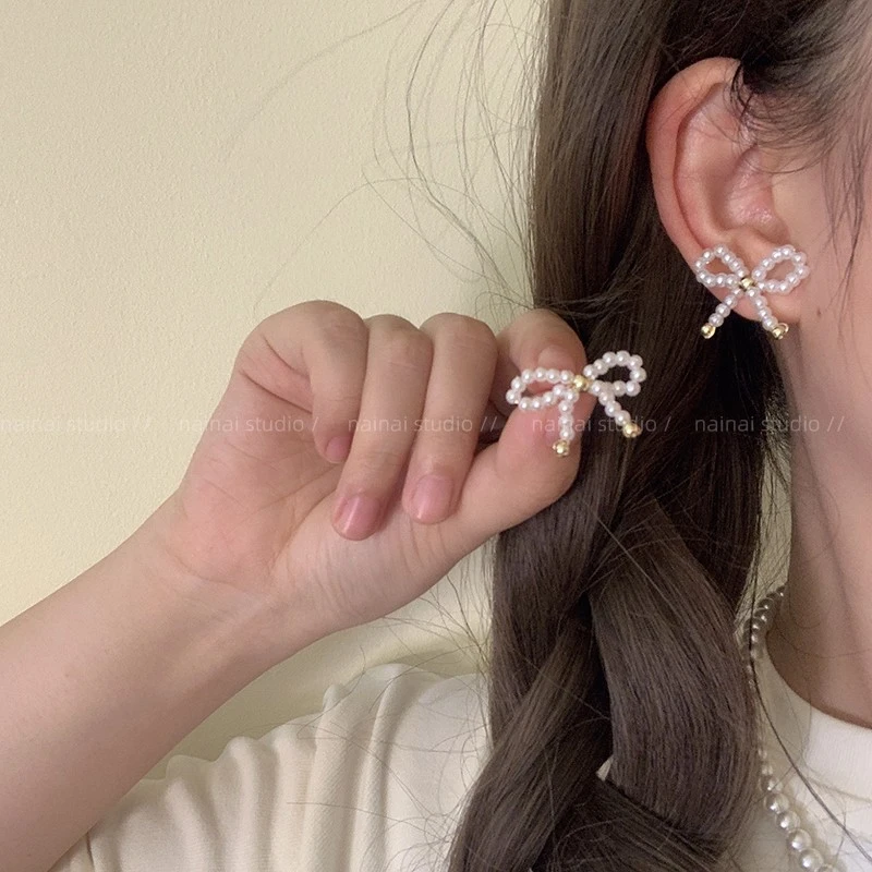 合金仿珍珠耳饰 蝴蝶结耳钉芭蕾风复古耳环ins新款甜美少女高级感