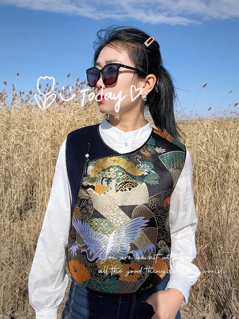 【蓝印圣火】蒙元素拼接短款提花秋冬圆领时尚马甲