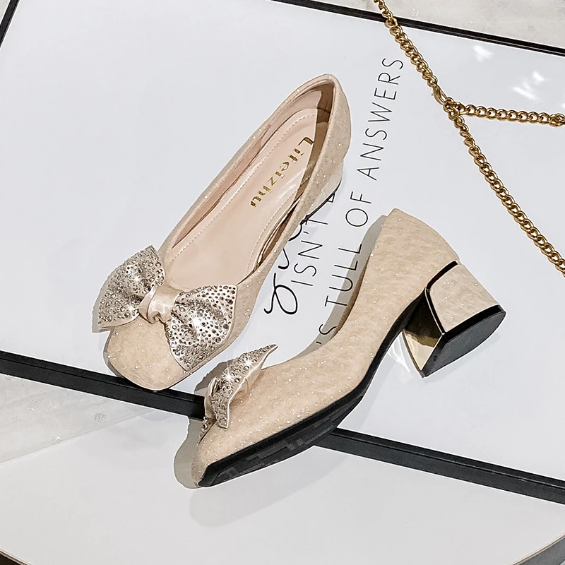 小香风夏季时尚百搭粗跟大码单鞋女气质伴娘鞋中跟蝴蝶结软底女鞋