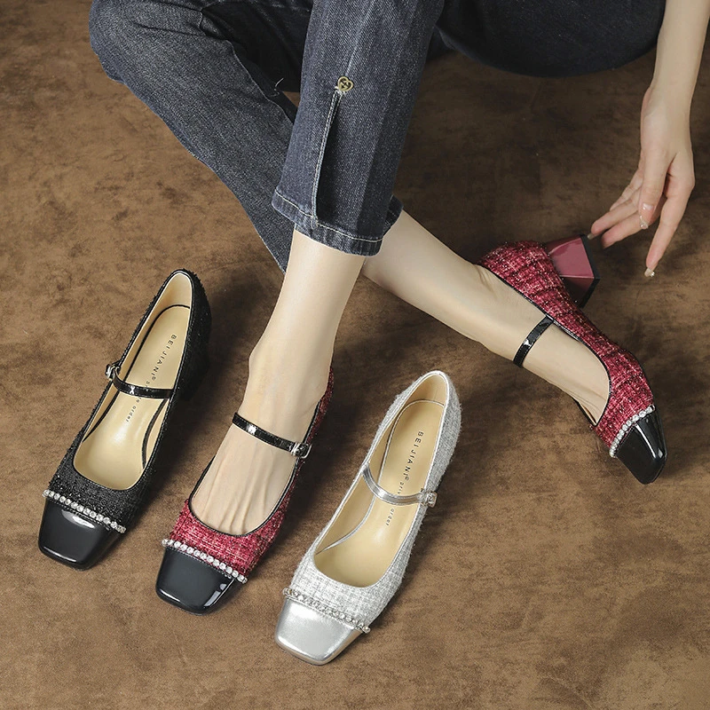 玛丽珍鞋女方头粗跟高跟单鞋夏季复古法式小香风百搭软底浅口瓢鞋