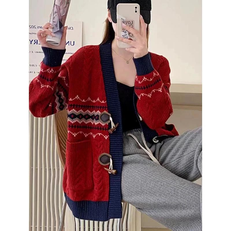 2025新款网红复古女士开衫针织牛角扣外套慵懒风高级感上衣春秋季