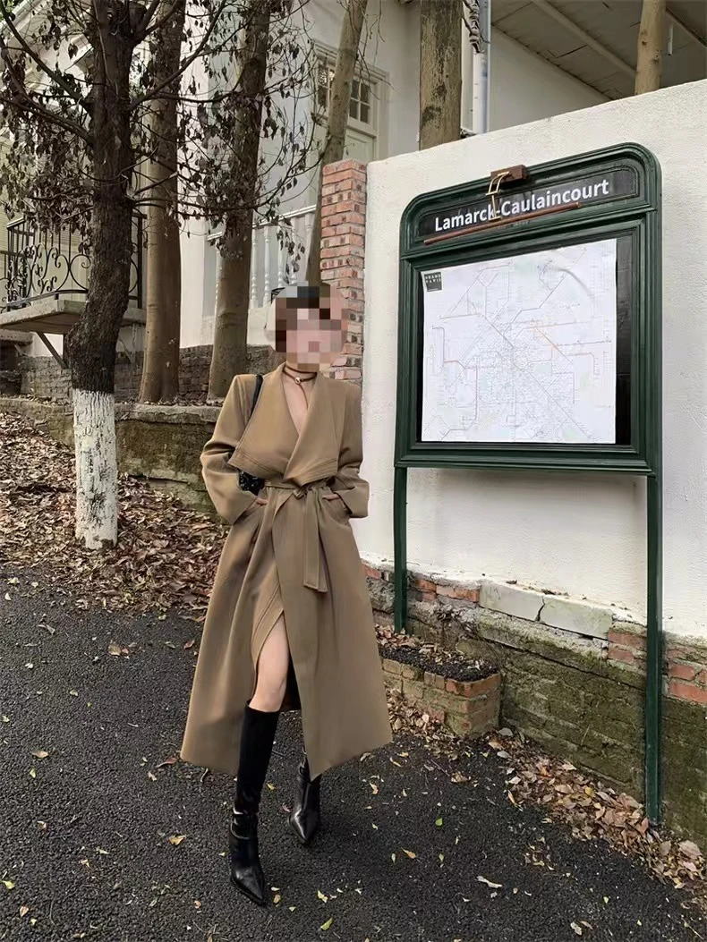 烫宝 复古大翻领风衣外套英伦风宽松绑带气质中长款大衣(6621)