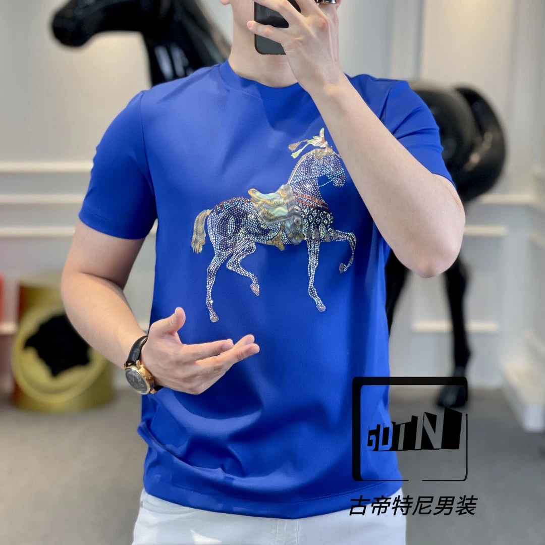 <古帝特尼>新款男士时尚潮流高定欧货百搭烫钻修身圆领短袖Z+5379