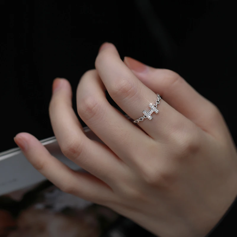 925银戒指 戒指女轻奢小众设计H字母素圈食指尾戒时尚指环可调节