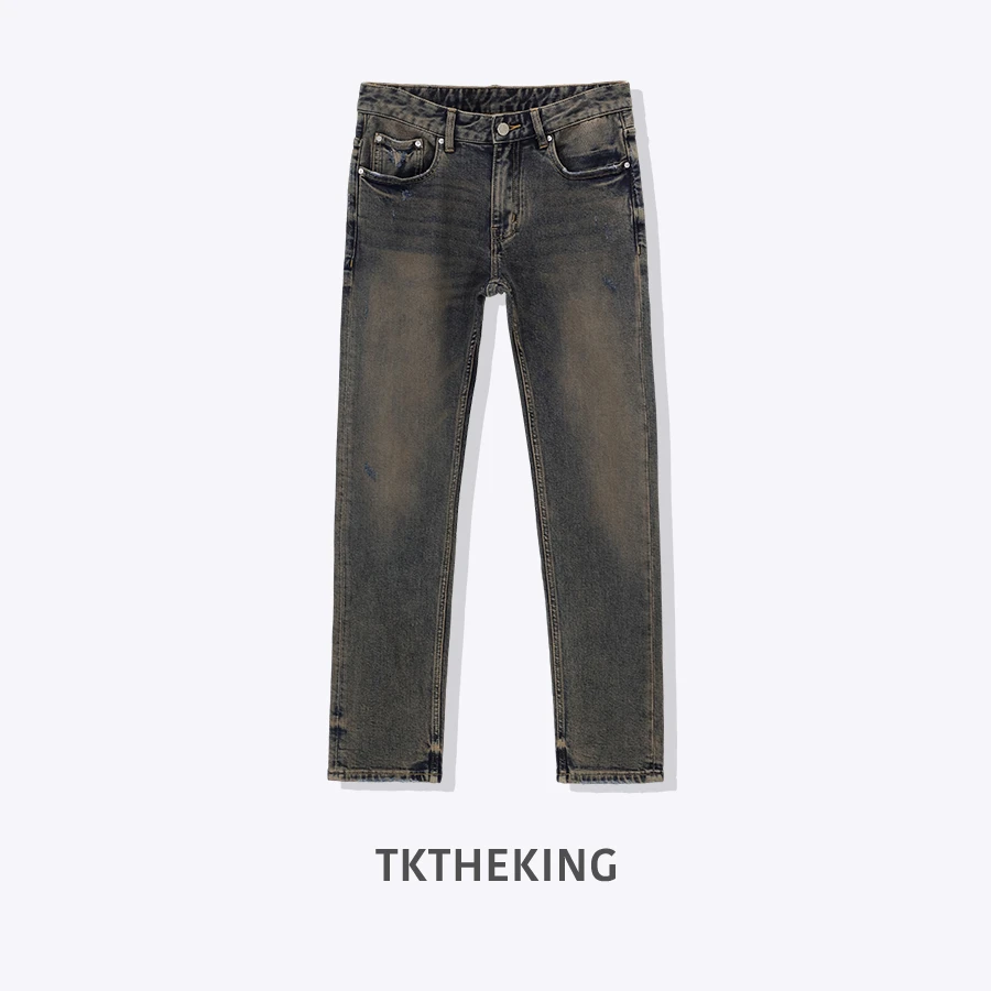 TKTHEKINGLP/23534 高士线 泥灰染质感高街轻奢小直筒修身牛仔裤