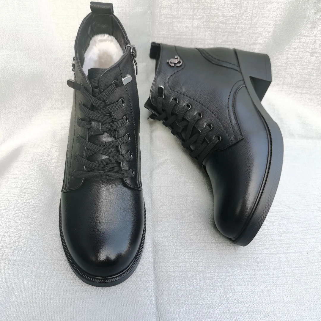 永威河南永威皮鞋女款棉鞋真皮休闲加绒加厚保暖冬季舒适