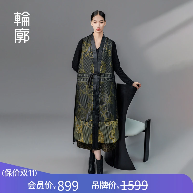 轮廓格调轮廓提花马甲L233Y086复古气质网纱拼接中长马夹