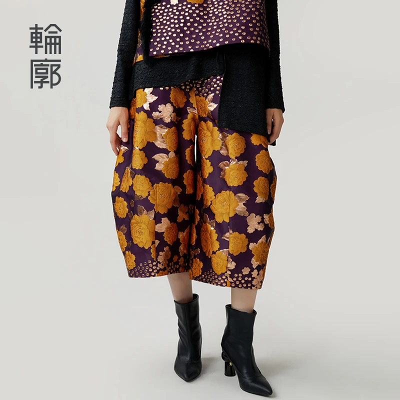 轮廓金玉满堂重工色织提花阔腿花苞裤宽松休闲时尚九分裤L243K020