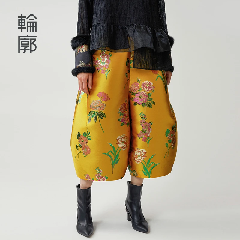 轮廓立体绣花新中式休闲裤复古气质时尚百搭提花九分裤L243K015