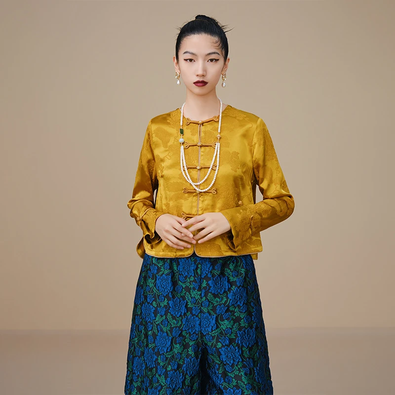 吉丘古儿衬衫真丝混纺新中式慵懒风对襟上衣独特漂亮小衫G221Y030