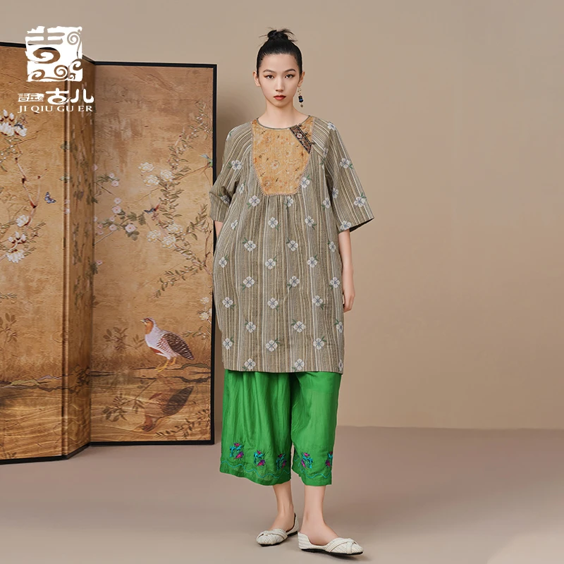 吉丘古儿原创苎麻连衣裙中式复古提花五分袖外出洋气裙子G232Y052