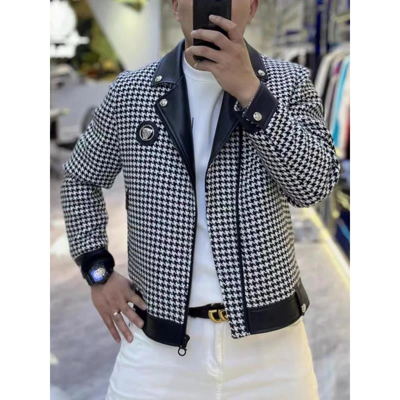 2024年秋季新款欧货男士潮流拼皮夹克时尚百搭黑色设计师夹克外套