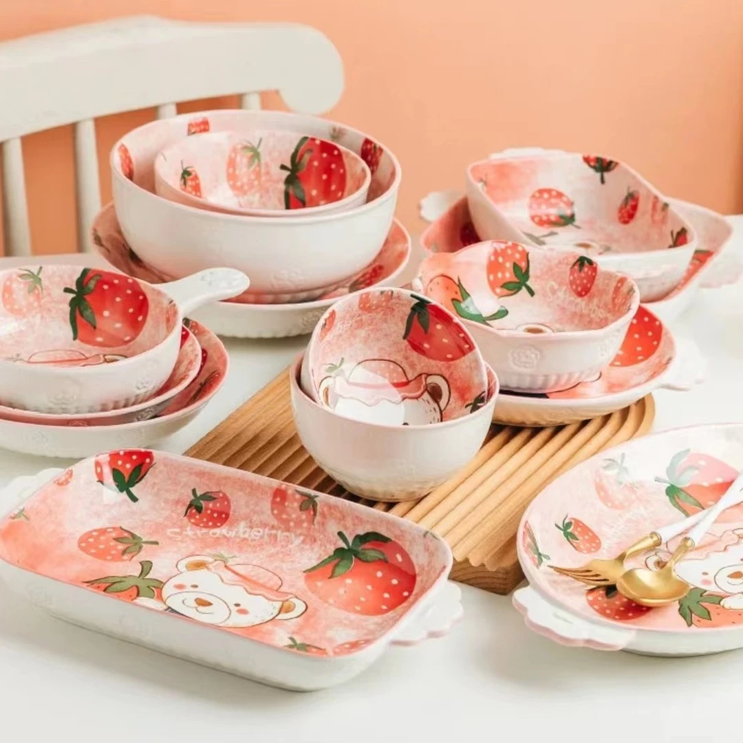 草莓熊餐具家用陶瓷餐具釉下彩碗碟少女心碗碟盘米饭碗双耳个性