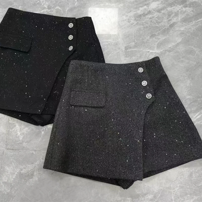 2024秋冬新款小香风裤裙不规则高腰A字亮丝粗花呢短裙裤阔腿裤裙