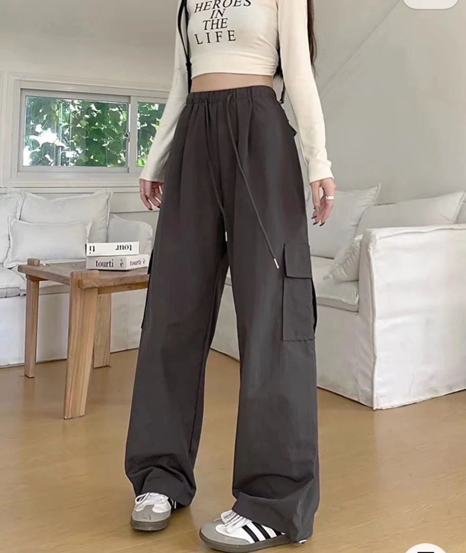 休闲直筒男女工装裤高腰遮粗腿抽绳收脚显瘦显高个性工装裤