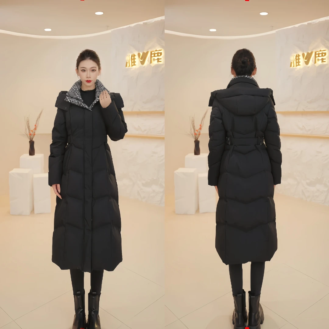 雅鹿2024新款千鸟格羽绒服女长款加厚收腰保暖时尚百搭显瘦外套冬