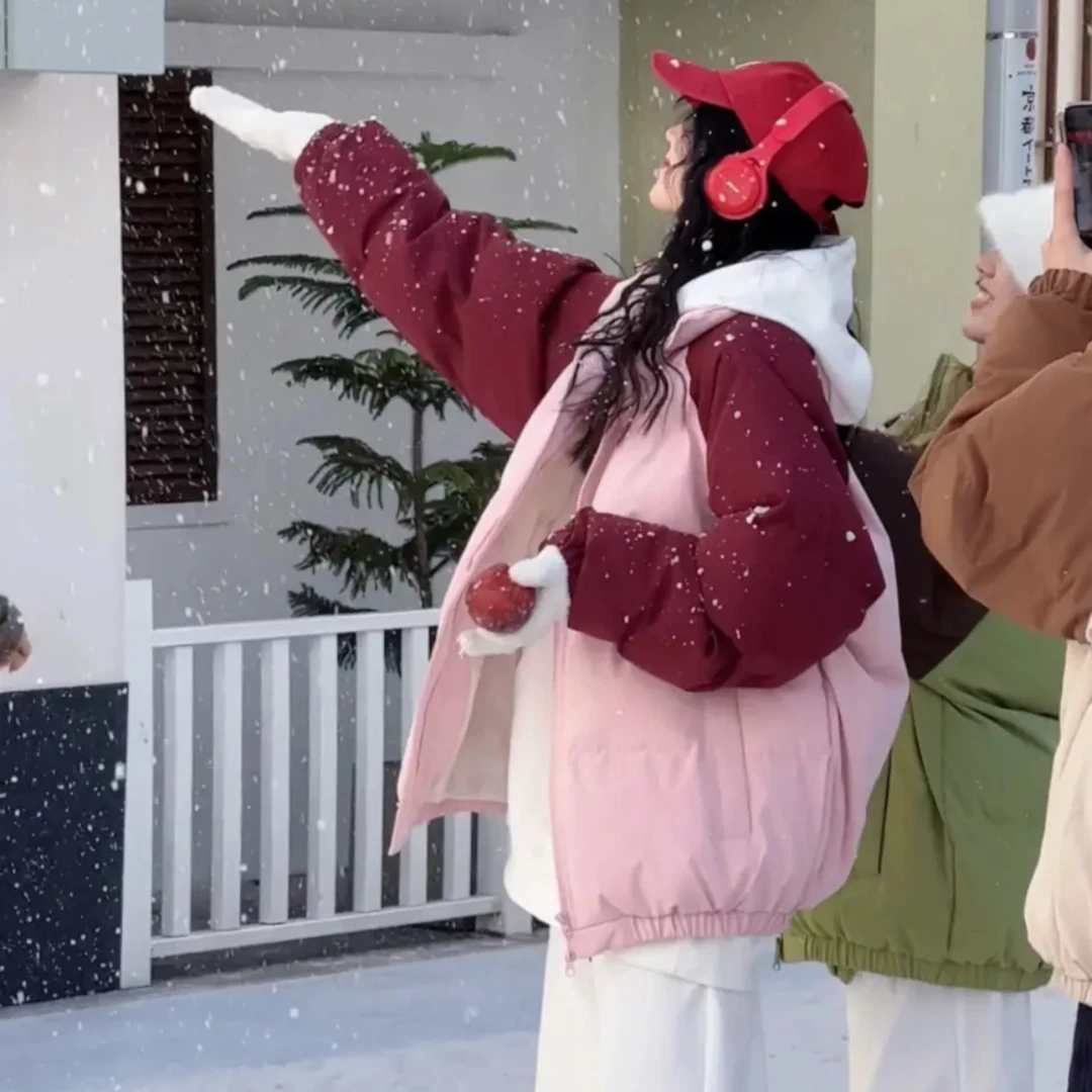 高级感拼色羽绒棉服女冬季新款情侣立领加厚棉衣oversize保暖棉袄