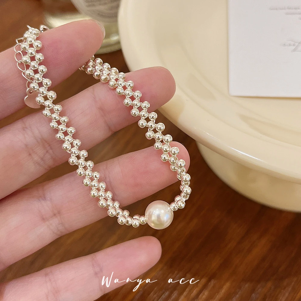 925银仿珍珠手链 韩国ins风银珠编织手链女轻奢气质小众复古首饰