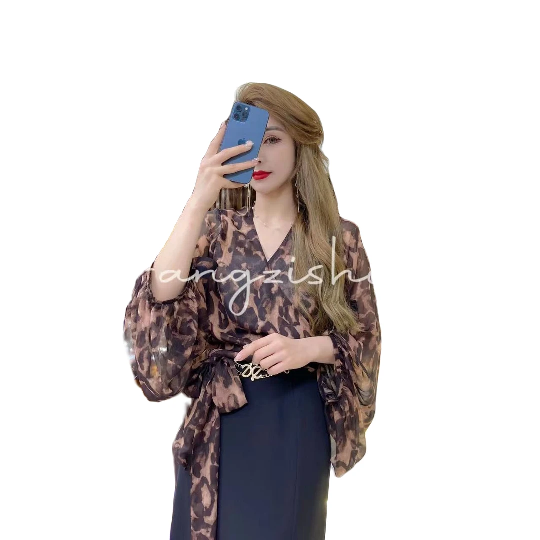 马蹄灯笼袖豹纹绑桑蚕丝带仙气衬衫ML65695夏季时尚显瘦气质上衣