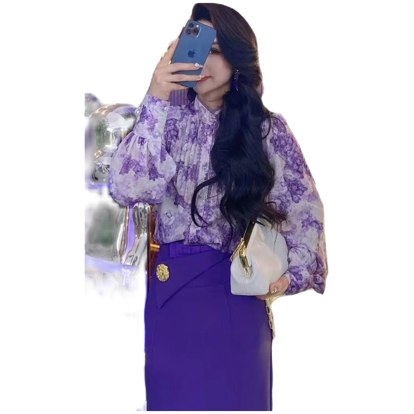 葡萄庄园春季时尚气质优雅显瘦打榄花边灯笼袖衬长袖衫上衣ML69-8