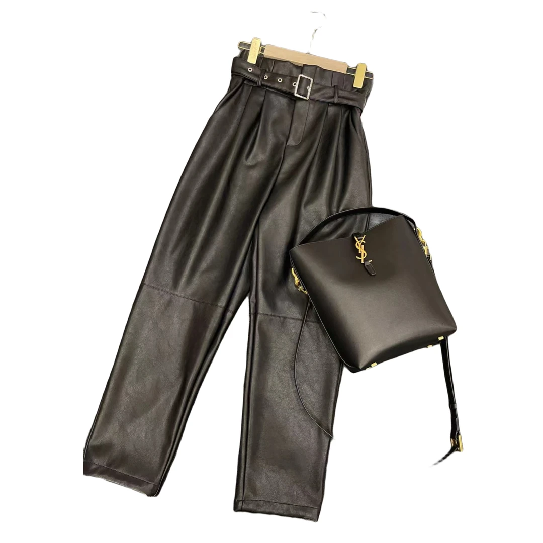 高定时尚百搭气质垂感收腰显瘦黑色高腰哈伦裤女士九分裤皮裤ML30